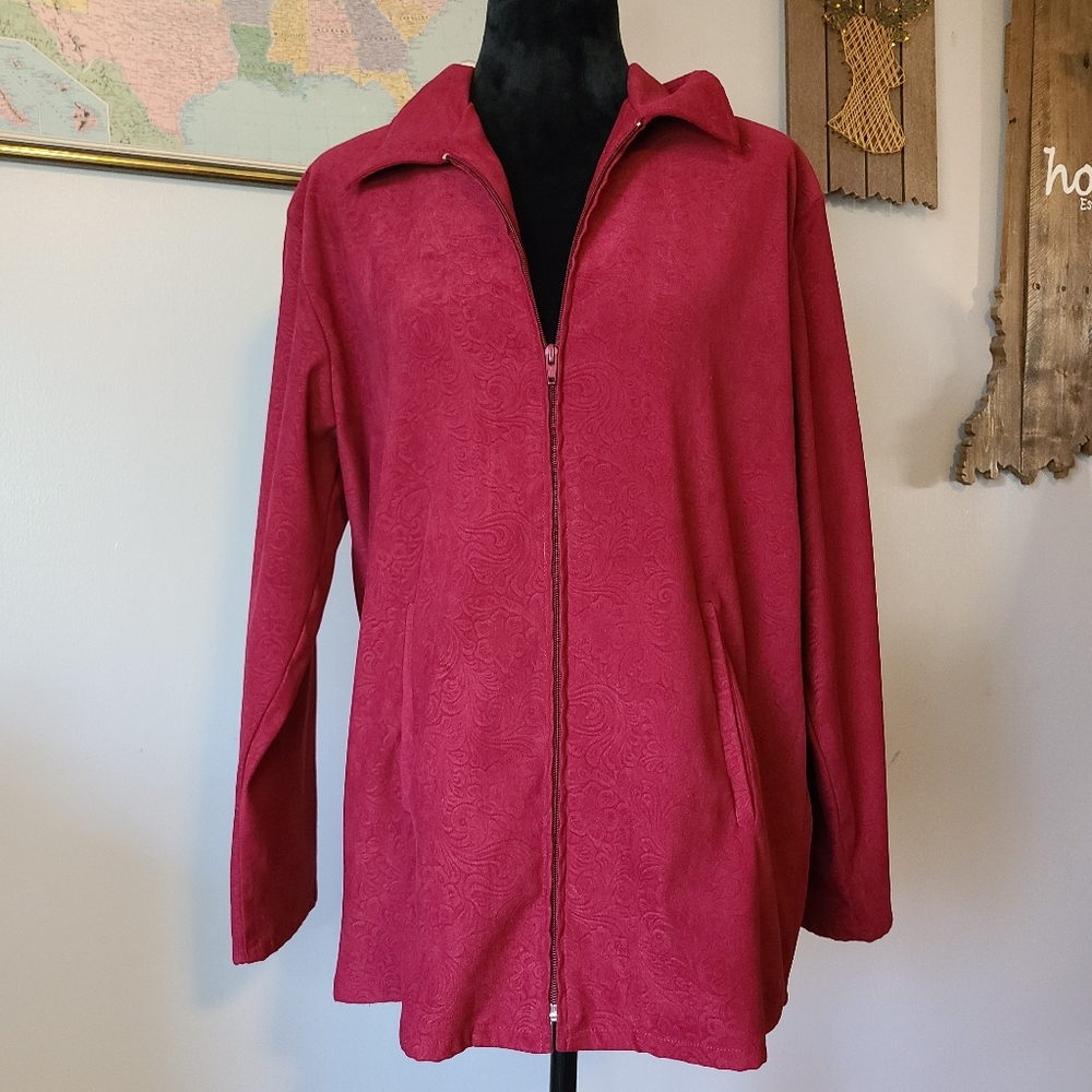VTG Joanna Red Paisley Floral‎ Collared Full Zip Stretch Pockets Womens Large